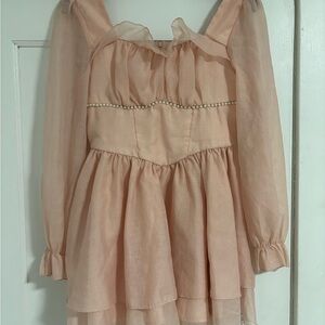 formal short pink dress with pearl accents